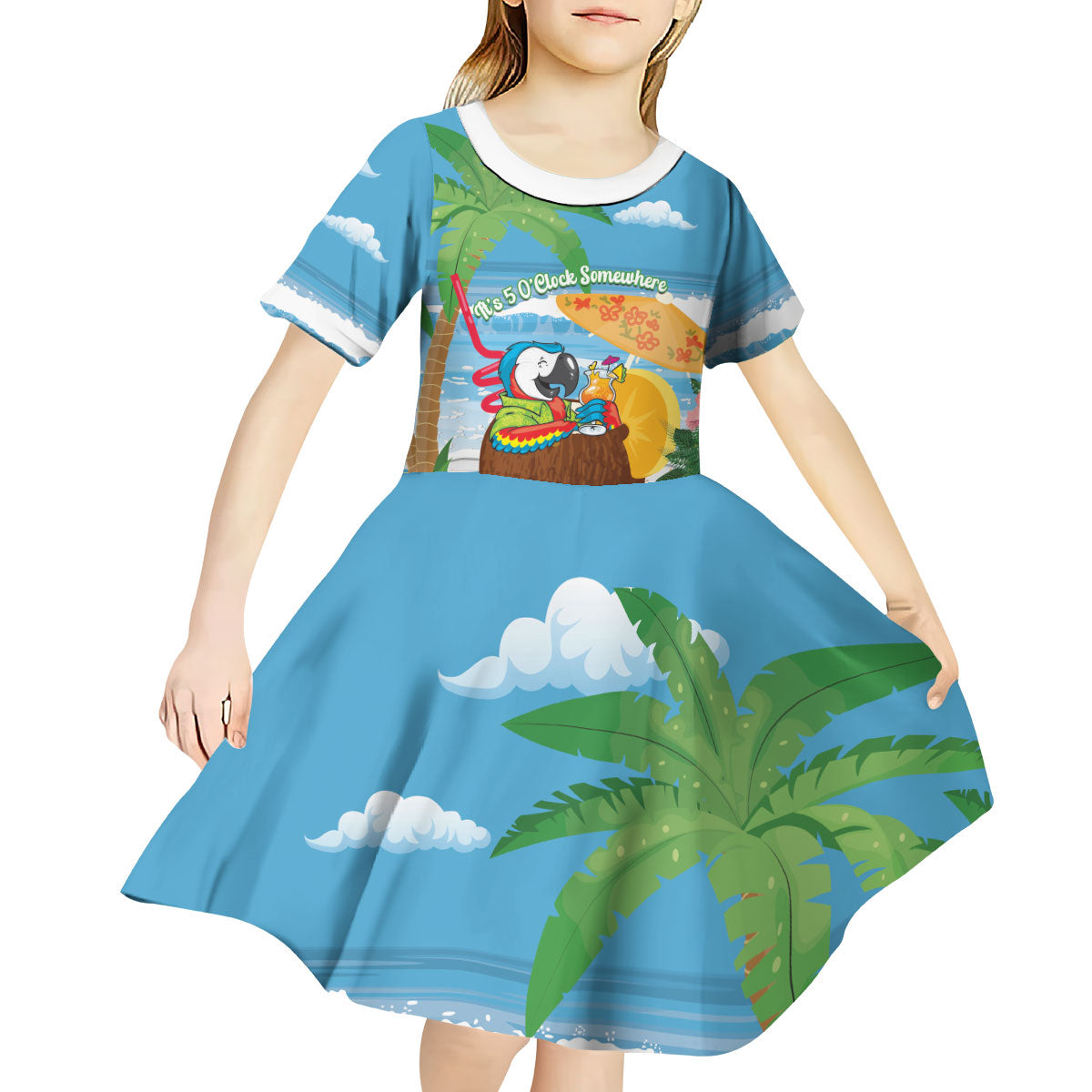 Chilling Parrot Hawaii Summer Christmas Personalized Kid Short Sleeve Dress It's 5 O'Clock Somewhere Beachy Vibes