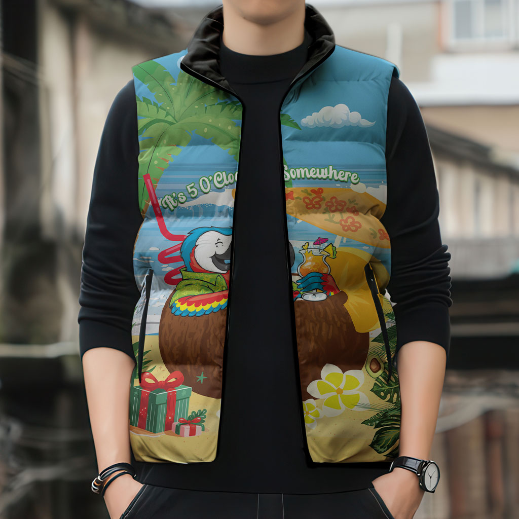 Chilling Parrot Hawaii Summer Christmas Personalized Sleeveless Puffer Jacket It's 5 O'Clock Somewhere Beachy Vibes