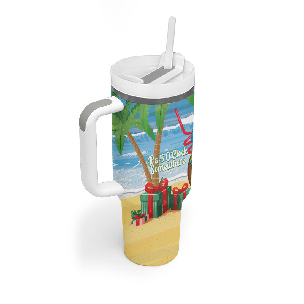 Chilling Parrot Hawaii Summer Christmas Personalized Tumbler With Handle It's 5 O'Clock Somewhere Beachy Vibes