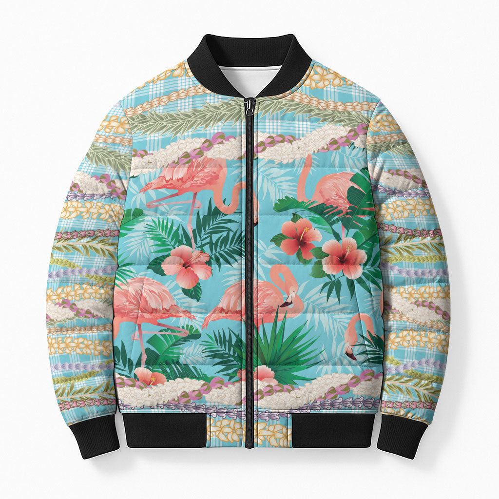 Flamingo Hawaii Summer Bomber Puffer Jacket Hawaiian Lei Pakala Motifs Tropical Style LT14 Unisex Cyan - Polynesian Pride