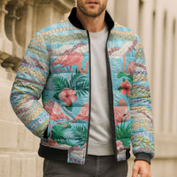 Flamingo Hawaii Summer Bomber Puffer Jacket Hawaiian Lei Pakala Motifs Tropical Style
