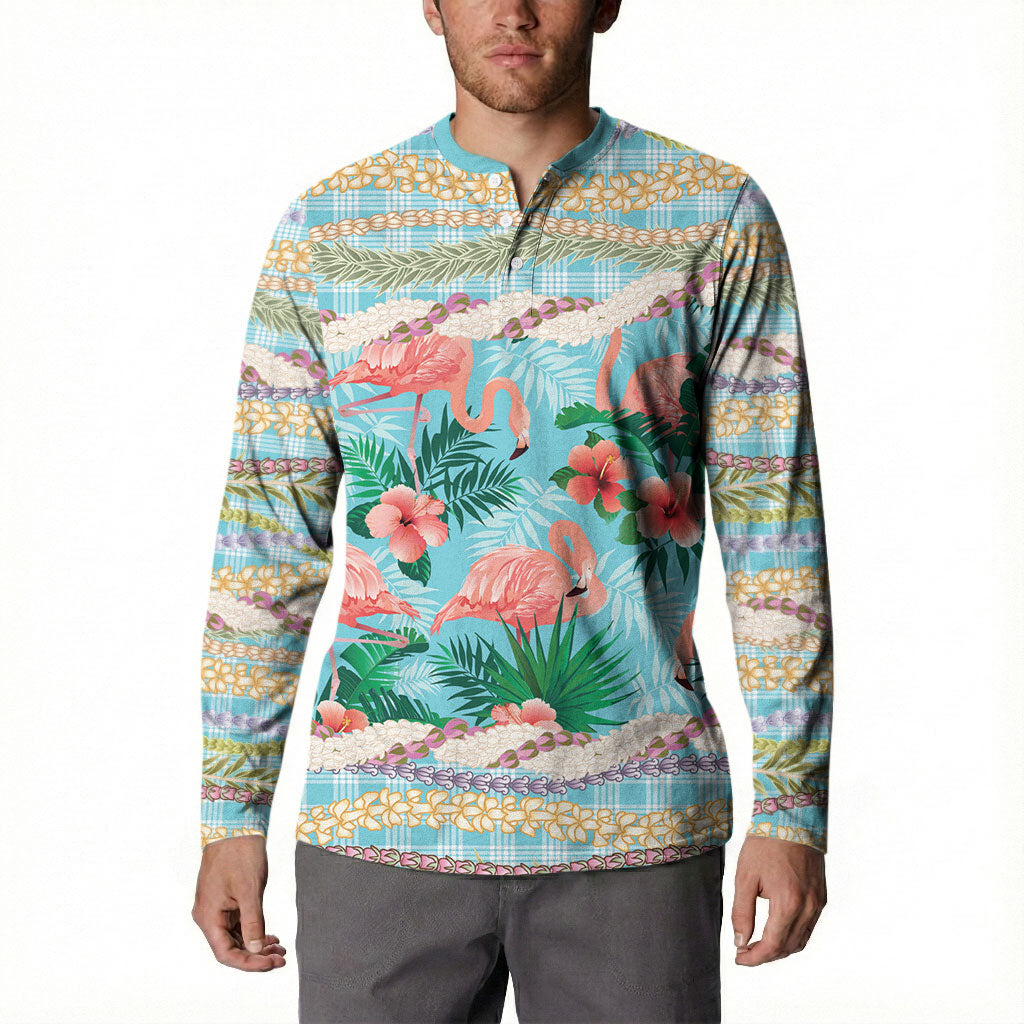 Flamingo Hawaii Summer Button Sweatshirt Hawaiian Lei Pakala Motifs Tropical Style