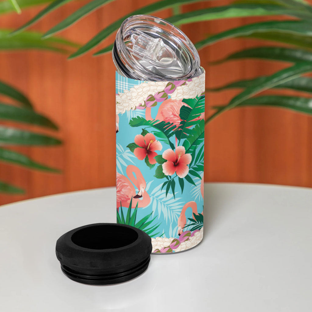 Flamingo Hawaii Summer 4 in 1 Can Cooler Tumbler Hawaiian Lei Pakala Motifs Tropical Style