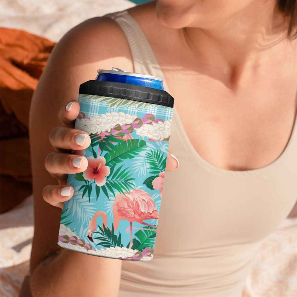 Flamingo Hawaii Summer 4 in 1 Can Cooler Tumbler Hawaiian Lei Pakala Motifs Tropical Style