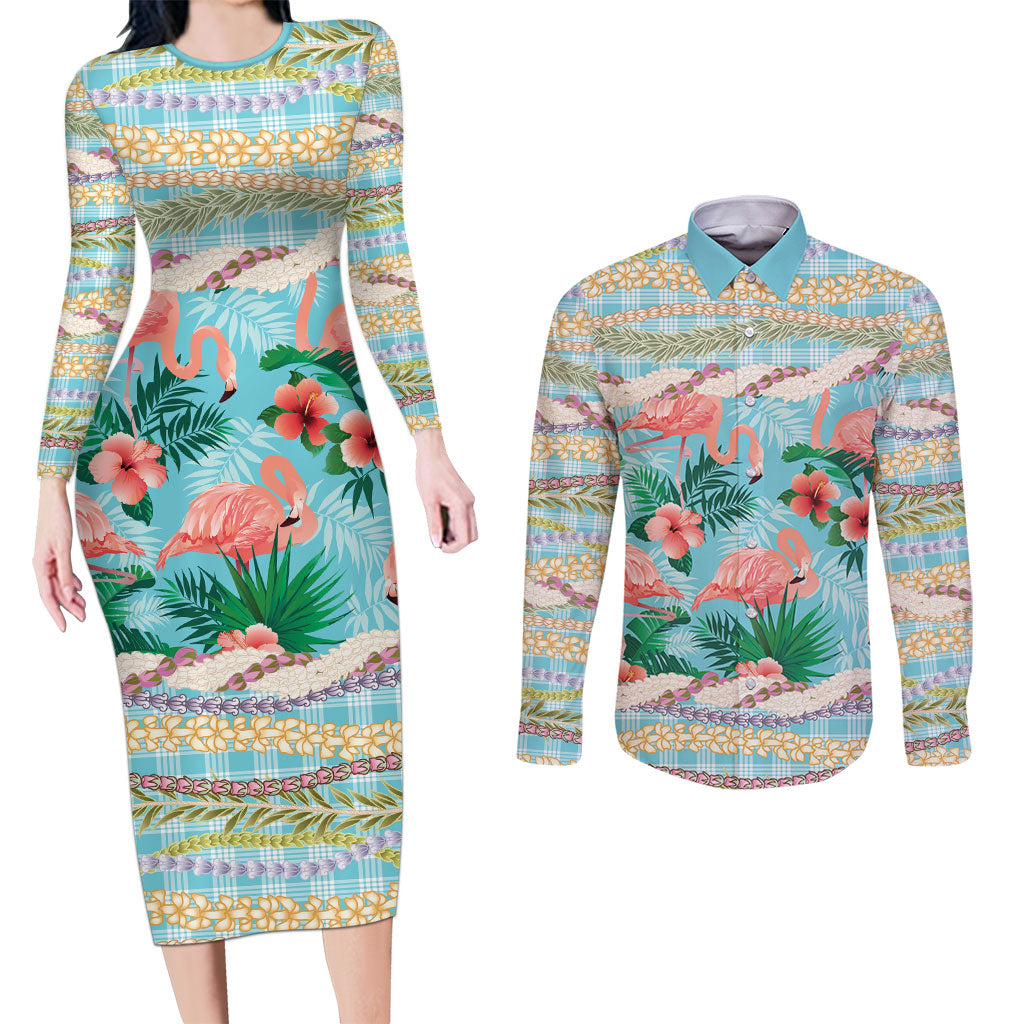Flamingo Hawaii Summer Couples Matching Long Sleeve Bodycon Dress and Long Sleeve Button Shirt Hawaiian Lei Pakala Motifs Tropical Style LT14 Cyan - Polynesian Pride