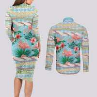 Flamingo Hawaii Summer Couples Matching Long Sleeve Bodycon Dress and Long Sleeve Button Shirt Hawaiian Lei Pakala Motifs Tropical Style