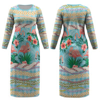 Flamingo Hawaii Summer Couples Matching Long Sleeve Bodycon Dress and Long Sleeve Button Shirt Hawaiian Lei Pakala Motifs Tropical Style LT14 - Polynesian Pride