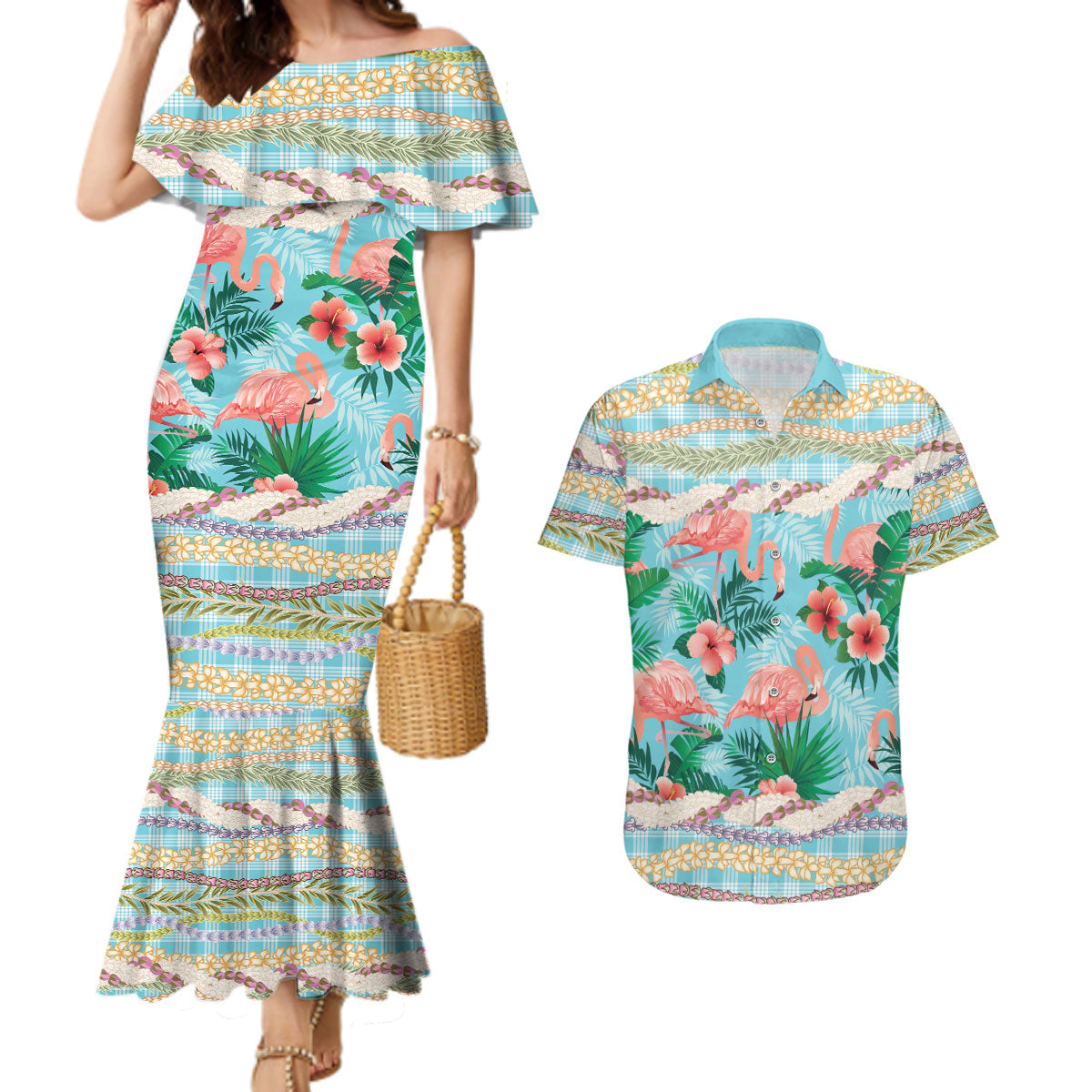 Flamingo Hawaii Summer Couples Matching Mermaid Dress and Hawaiian Shirt Hawaiian Lei Pakala Motifs Tropical Style