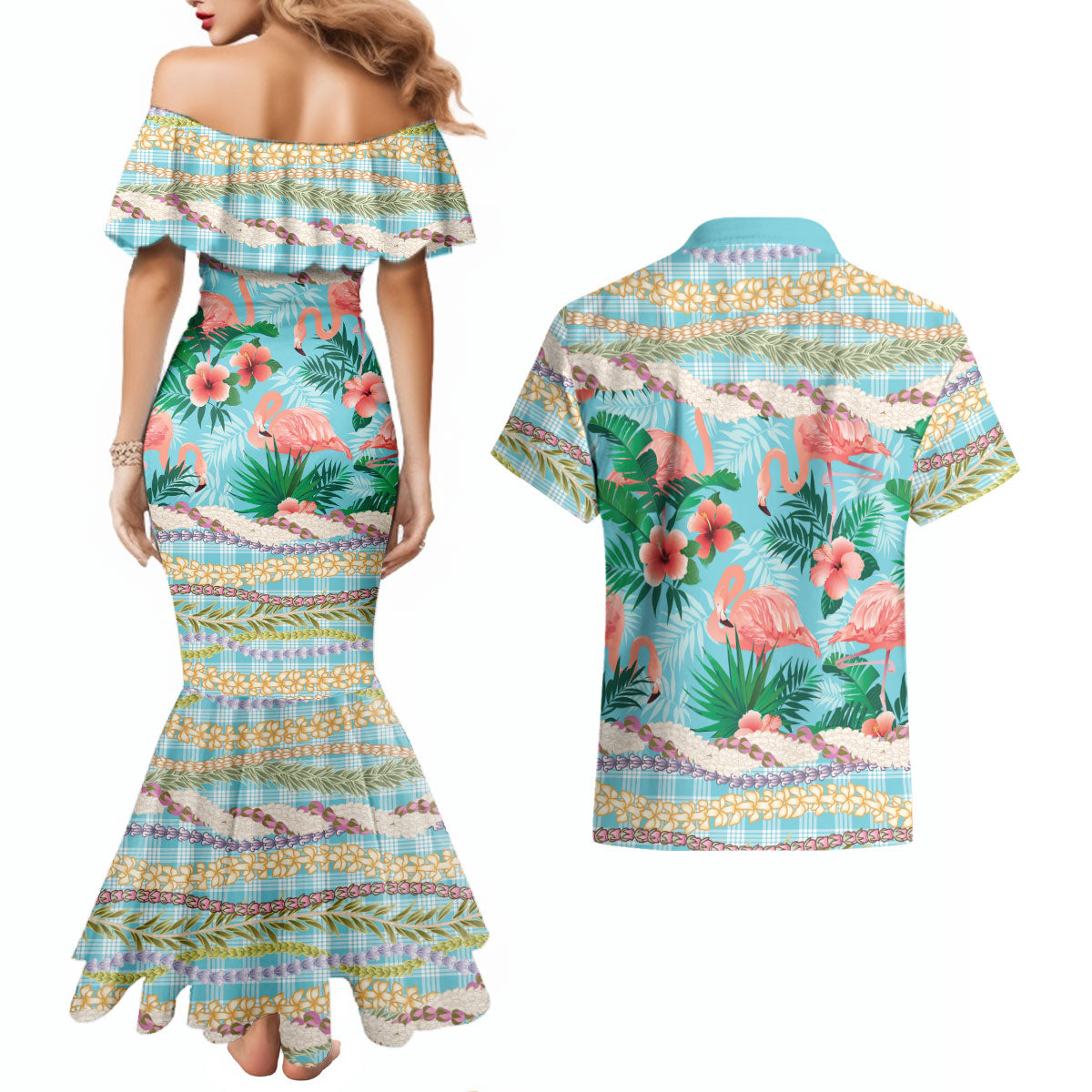 Flamingo Hawaii Summer Couples Matching Mermaid Dress and Hawaiian Shirt Hawaiian Lei Pakala Motifs Tropical Style