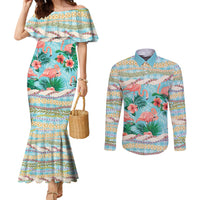 Flamingo Hawaii Summer Couples Matching Mermaid Dress and Long Sleeve Button Shirt Hawaiian Lei Pakala Motifs Tropical Style