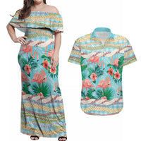 Flamingo Hawaii Summer Couples Matching Off Shoulder Maxi Dress and Hawaiian Shirt Hawaiian Lei Pakala Motifs Tropical Style