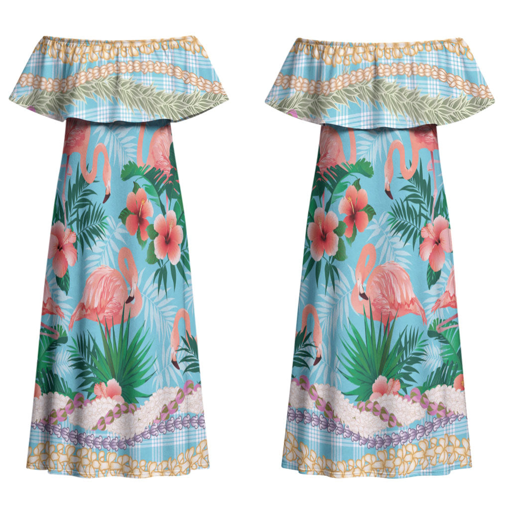 Flamingo Hawaii Summer Couples Matching Off Shoulder Maxi Dress and Hawaiian Shirt Hawaiian Lei Pakala Motifs Tropical Style LT14 - Polynesian Pride