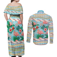 Flamingo Hawaii Summer Couples Matching Off Shoulder Maxi Dress and Long Sleeve Button Shirt Hawaiian Lei Pakala Motifs Tropical Style