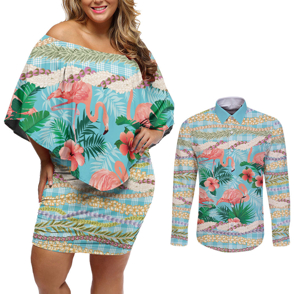 Flamingo Hawaii Summer Couples Matching Off Shoulder Short Dress and Long Sleeve Button Shirt Hawaiian Lei Pakala Motifs Tropical Style