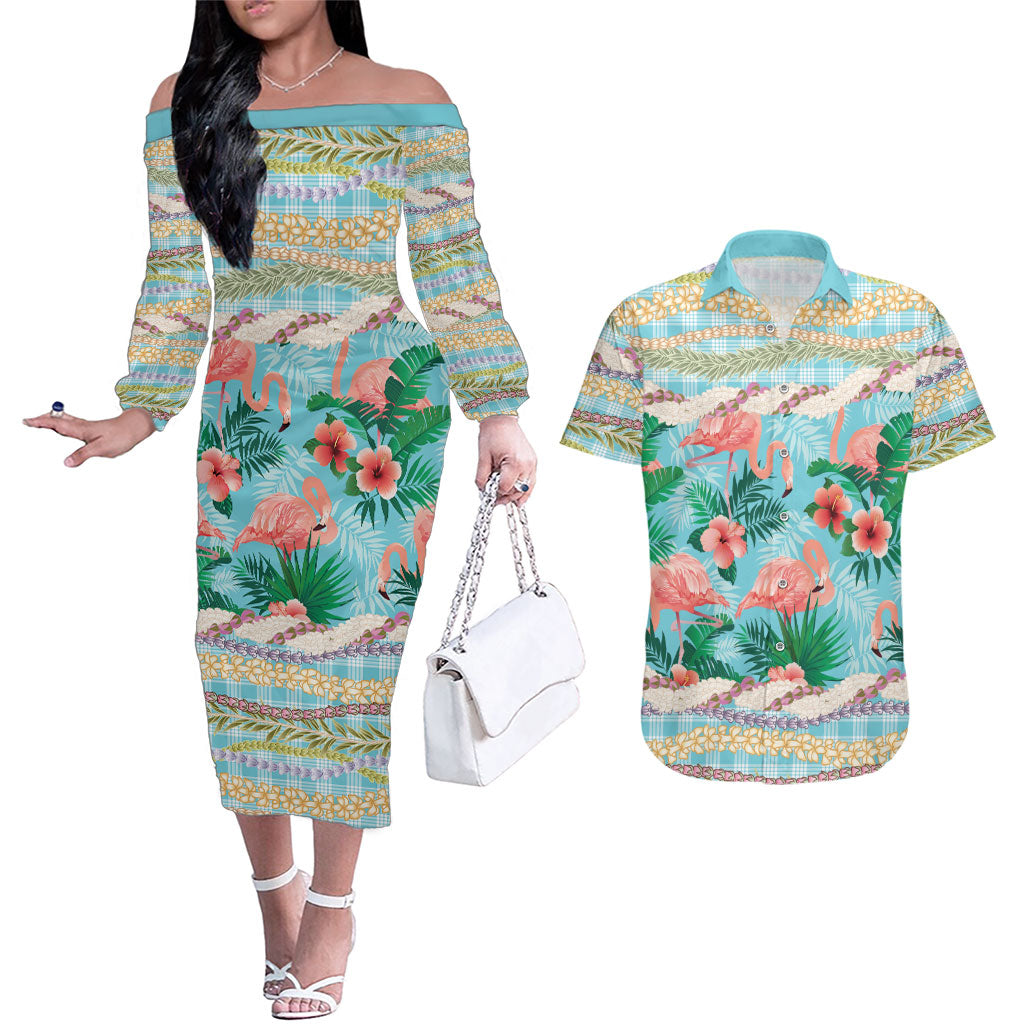 Flamingo Hawaii Summer Couples Matching Off The Shoulder Long Sleeve Dress and Hawaiian Shirt Hawaiian Lei Pakala Motifs Tropical Style LT14 Cyan - Polynesian Pride