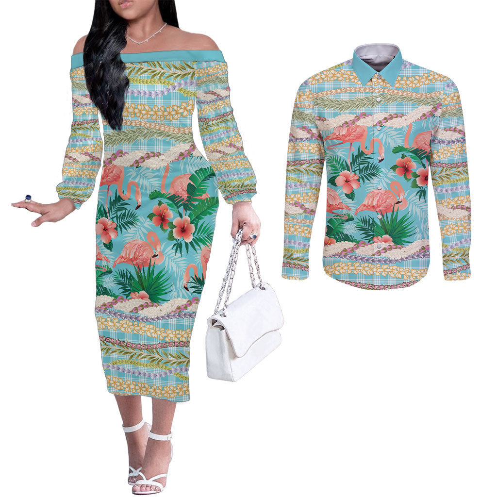 Flamingo Hawaii Summer Couples Matching Off The Shoulder Long Sleeve Dress and Long Sleeve Button Shirt Hawaiian Lei Pakala Motifs Tropical Style
