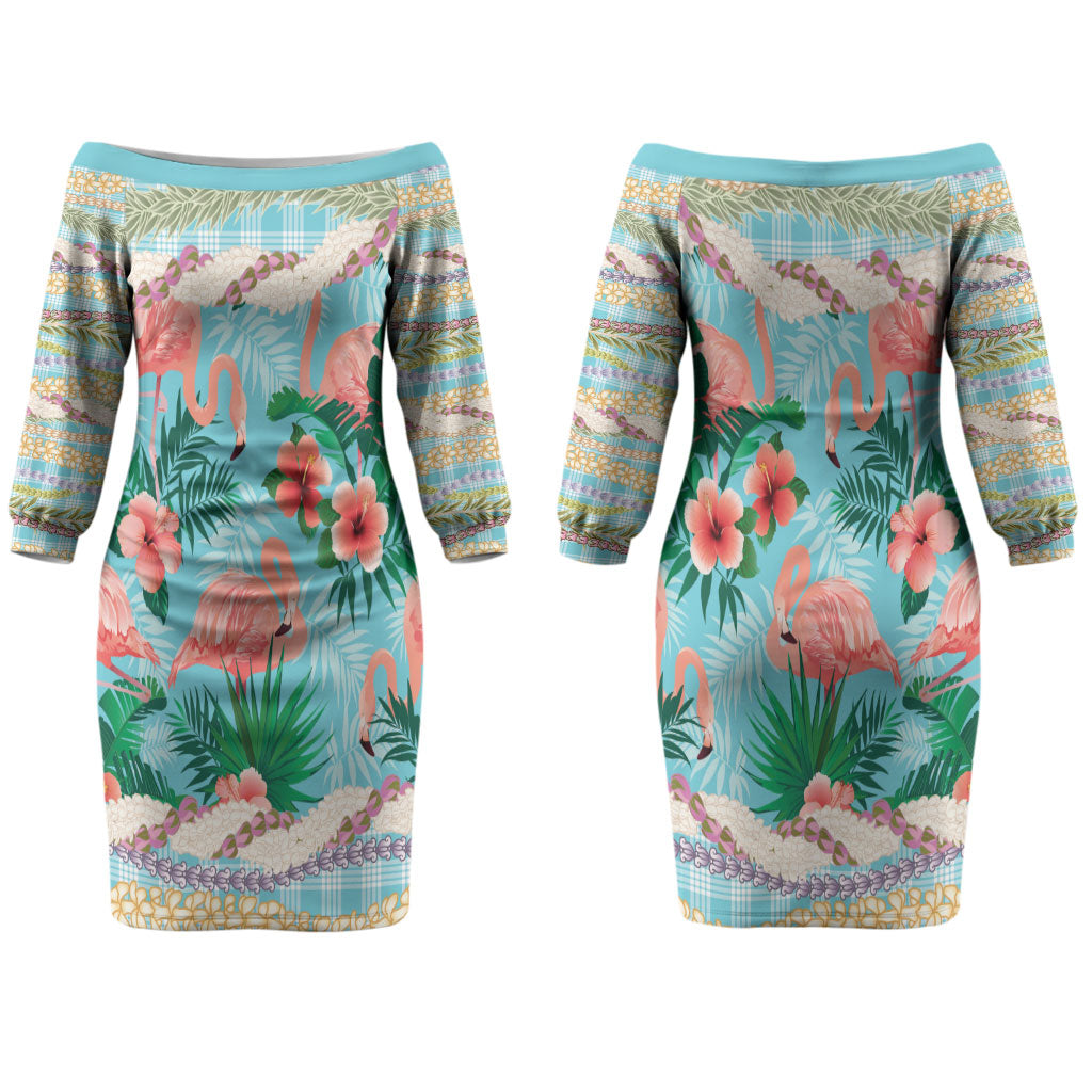 Flamingo Hawaii Summer Couples Matching Off The Shoulder Long Sleeve Dress and Long Sleeve Button Shirt Hawaiian Lei Pakala Motifs Tropical Style LT14 - Polynesian Pride