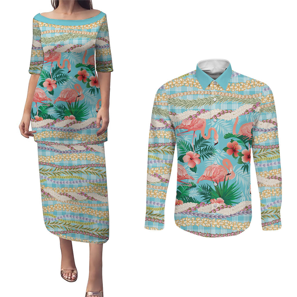 Flamingo Hawaii Summer Couples Matching Puletasi and Long Sleeve Button Shirt Hawaiian Lei Pakala Motifs Tropical Style