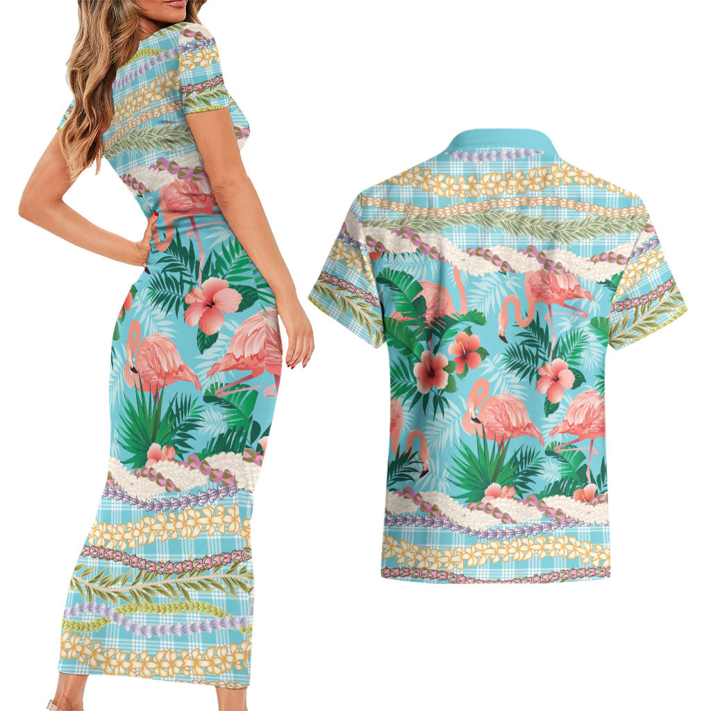 Flamingo Hawaii Summer Couples Matching Short Sleeve Bodycon Dress and Hawaiian Shirt Hawaiian Lei Pakala Motifs Tropical Style
