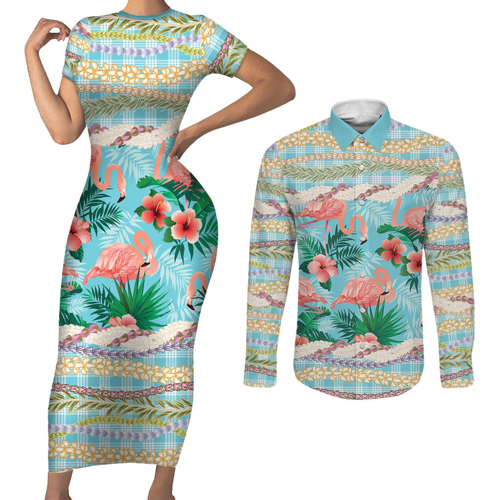 Flamingo Hawaii Summer Couples Matching Short Sleeve Bodycon Dress and Long Sleeve Button Shirt Hawaiian Lei Pakala Motifs Tropical Style
