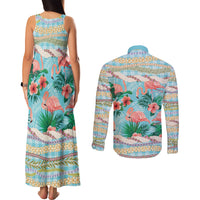 Flamingo Hawaii Summer Couples Matching Tank Maxi Dress and Long Sleeve Button Shirt Hawaiian Lei Pakala Motifs Tropical Style
