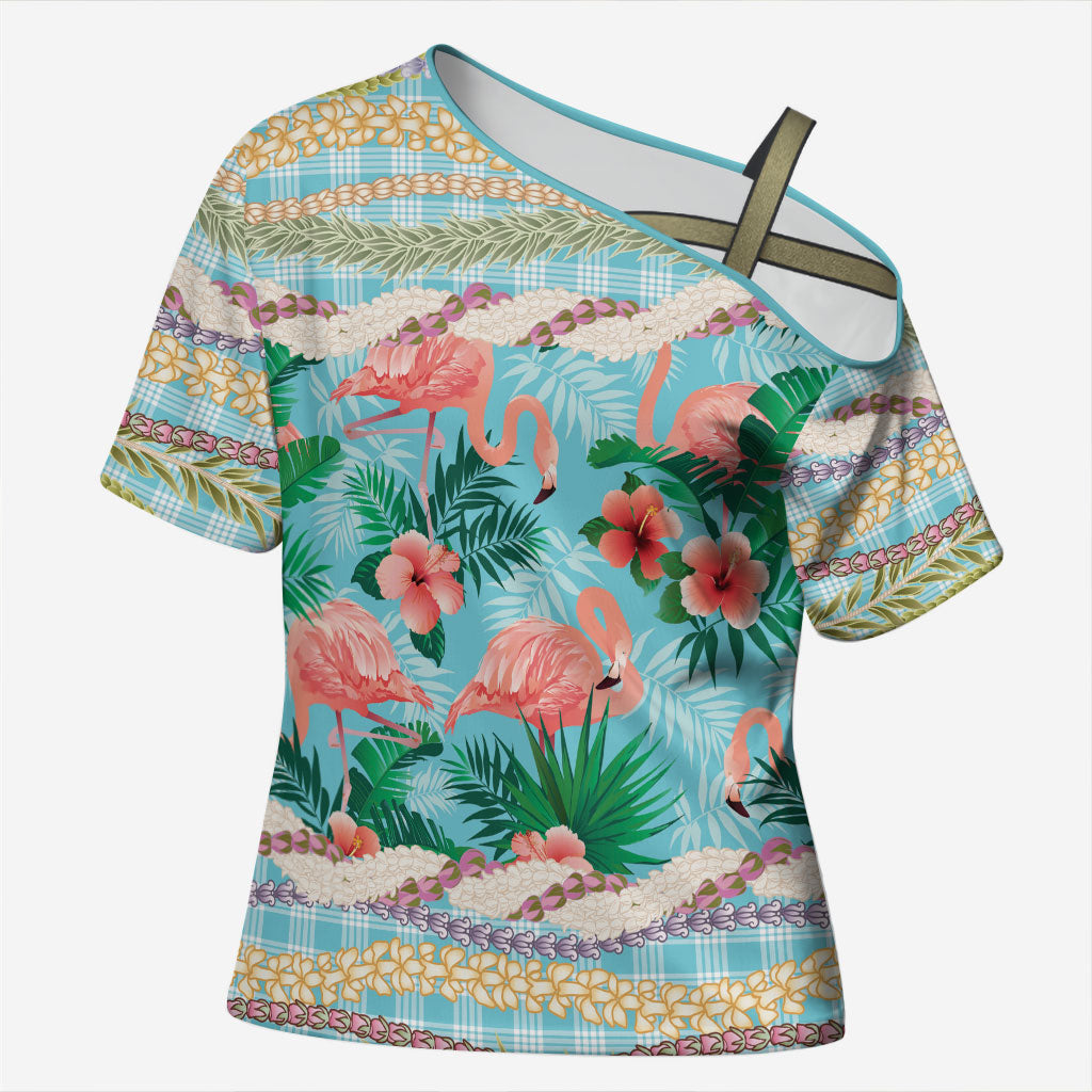 Flamingo Hawaii Summer Cross Shoulder Shirt Hawaiian Lei Pakala Motifs Tropical Style