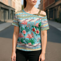 Flamingo Hawaii Summer Cross Shoulder Shirt Hawaiian Lei Pakala Motifs Tropical Style