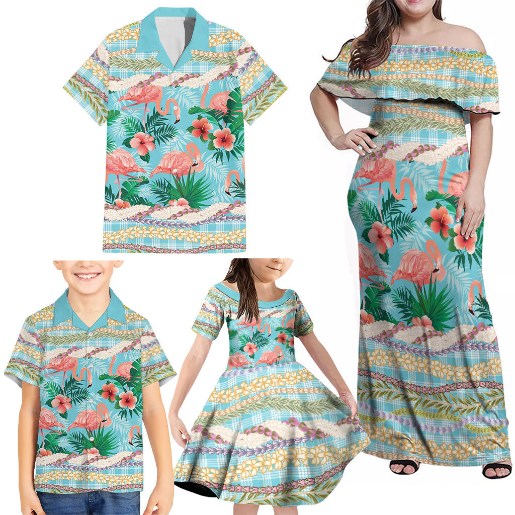Flamingo Hawaii Summer Family Matching Off Shoulder Maxi Dress and Hawaiian Shirt Hawaiian Lei Pakala Motifs Tropical Style LT14 - Polynesian Pride