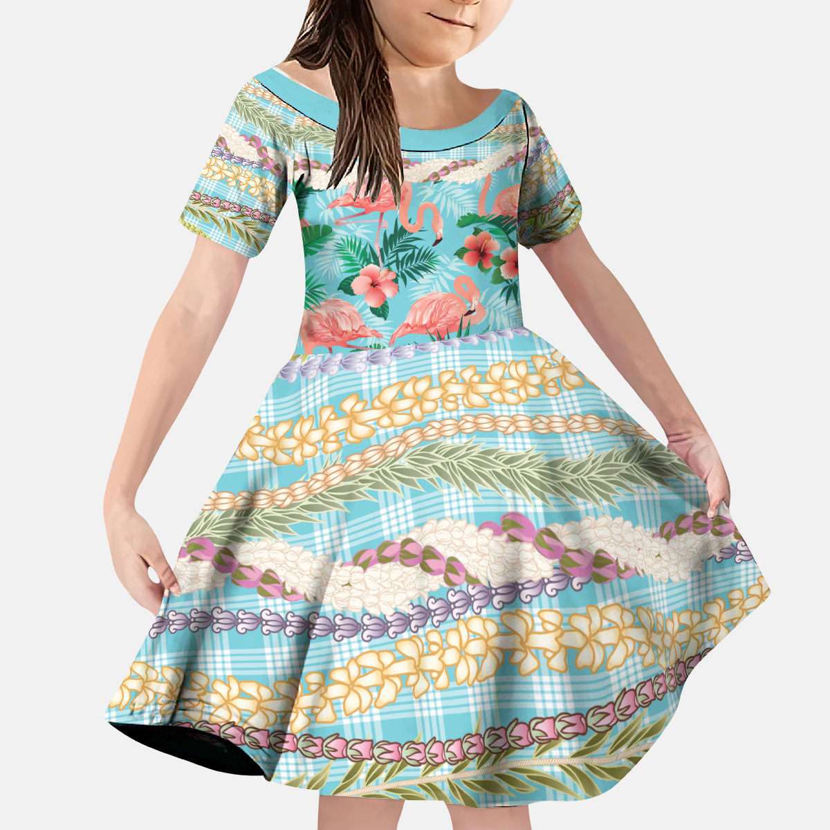 Flamingo Hawaii Summer Kid Short Sleeve Dress Hawaiian Lei Pakala Motifs Tropical Style LT14 KID Cyan - Polynesian Pride