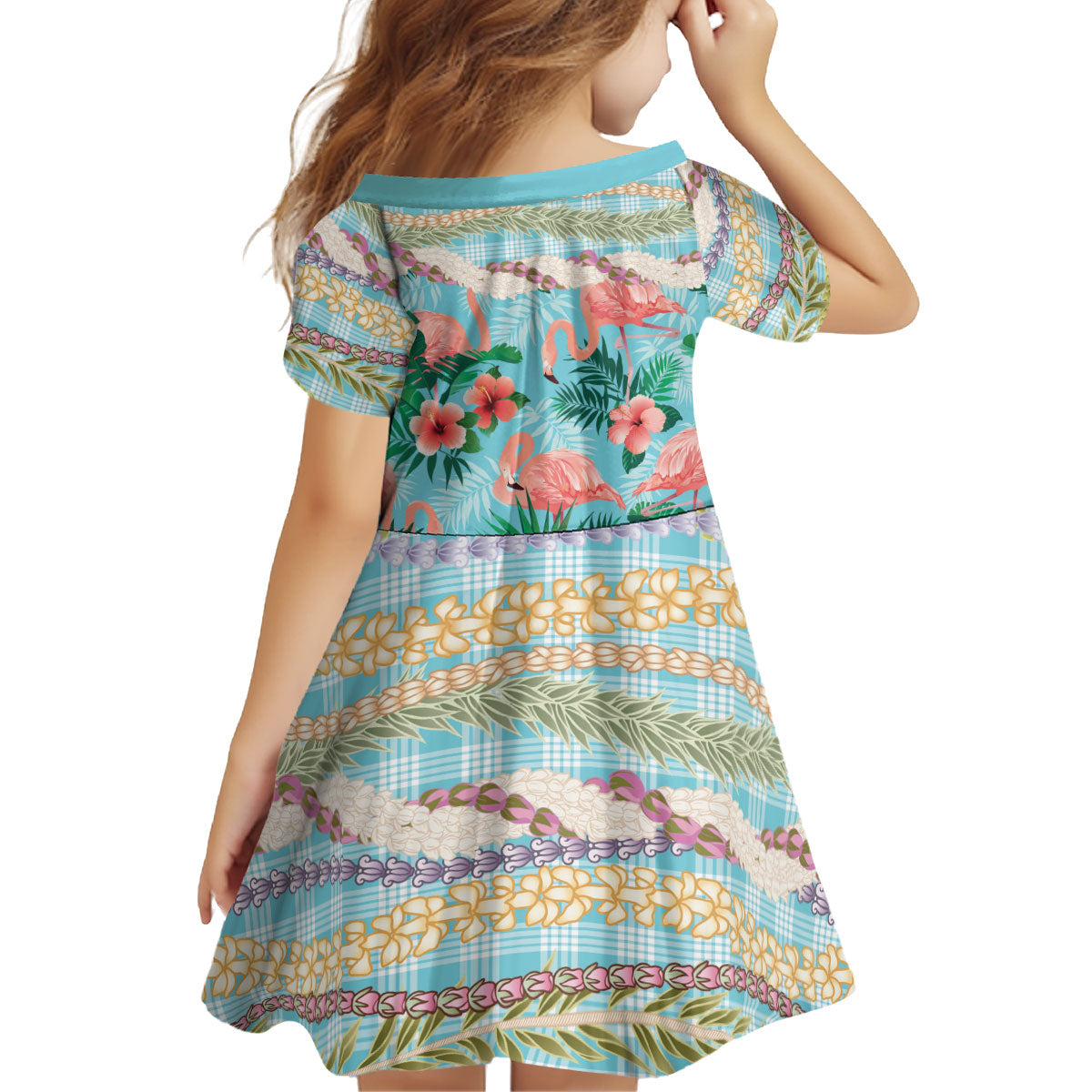 Flamingo Hawaii Summer Kid Short Sleeve Dress Hawaiian Lei Pakala Motifs Tropical Style