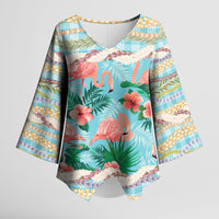 Flamingo Hawaii Summer Kimono Sleeve Blouse Hawaiian Lei Pakala Motifs Tropical Style