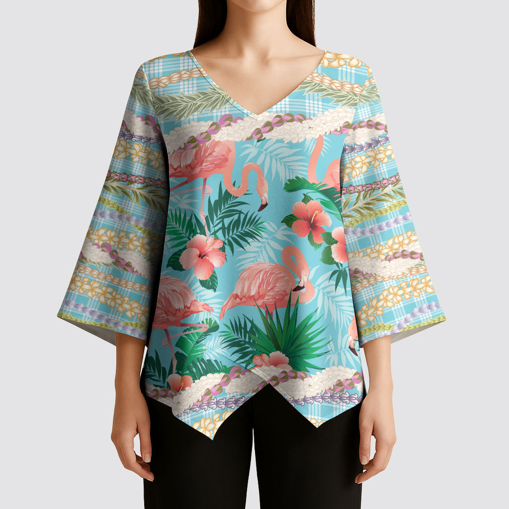 Flamingo Hawaii Summer Kimono Sleeve Blouse Hawaiian Lei Pakala Motifs Tropical Style