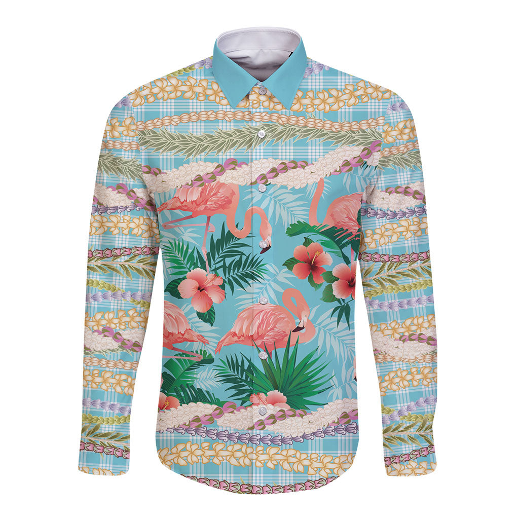 Flamingo Hawaii Summer Long Sleeve Button Shirt Hawaiian Lei Pakala Motifs Tropical Style