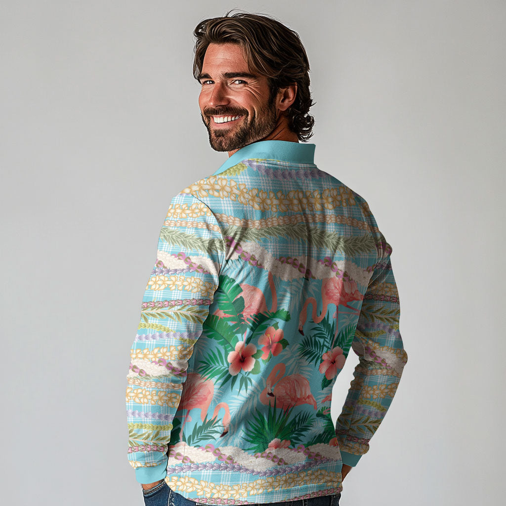 Flamingo Hawaii Summer Long Sleeve Polo Shirt Hawaiian Lei Pakala Motifs Tropical Style