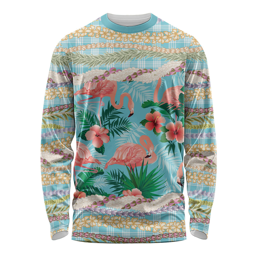 Flamingo Hawaii Summer Long Sleeve Shirt Hawaiian Lei Pakala Motifs Tropical Style LT14 Unisex Cyan - Polynesian Pride