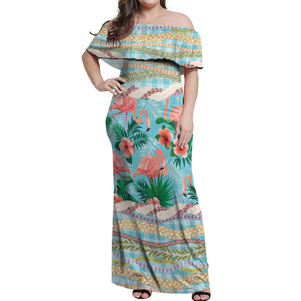 Flamingo Hawaii Summer Off Shoulder Maxi Dress Hawaiian Lei Pakala Motifs Tropical Style