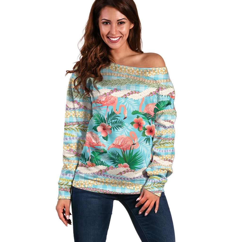 Flamingo Hawaii Summer Off Shoulder Sweater Hawaiian Lei Pakala Motifs Tropical Style LT14 Women Cyan - Polynesian Pride