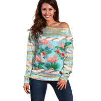 Flamingo Hawaii Summer Off Shoulder Sweater Hawaiian Lei Pakala Motifs Tropical Style