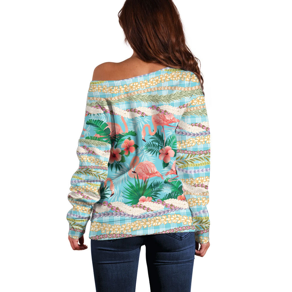 Flamingo Hawaii Summer Off Shoulder Sweater Hawaiian Lei Pakala Motifs Tropical Style