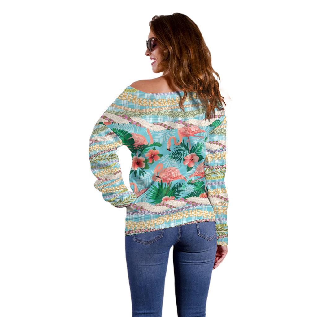 Flamingo Hawaii Summer Off Shoulder Sweater Hawaiian Lei Pakala Motifs Tropical Style