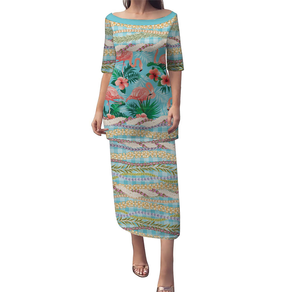 Flamingo Hawaii Summer Puletasi Hawaiian Lei Pakala Motifs Tropical Style LT14 Long Dress Cyan - Polynesian Pride
