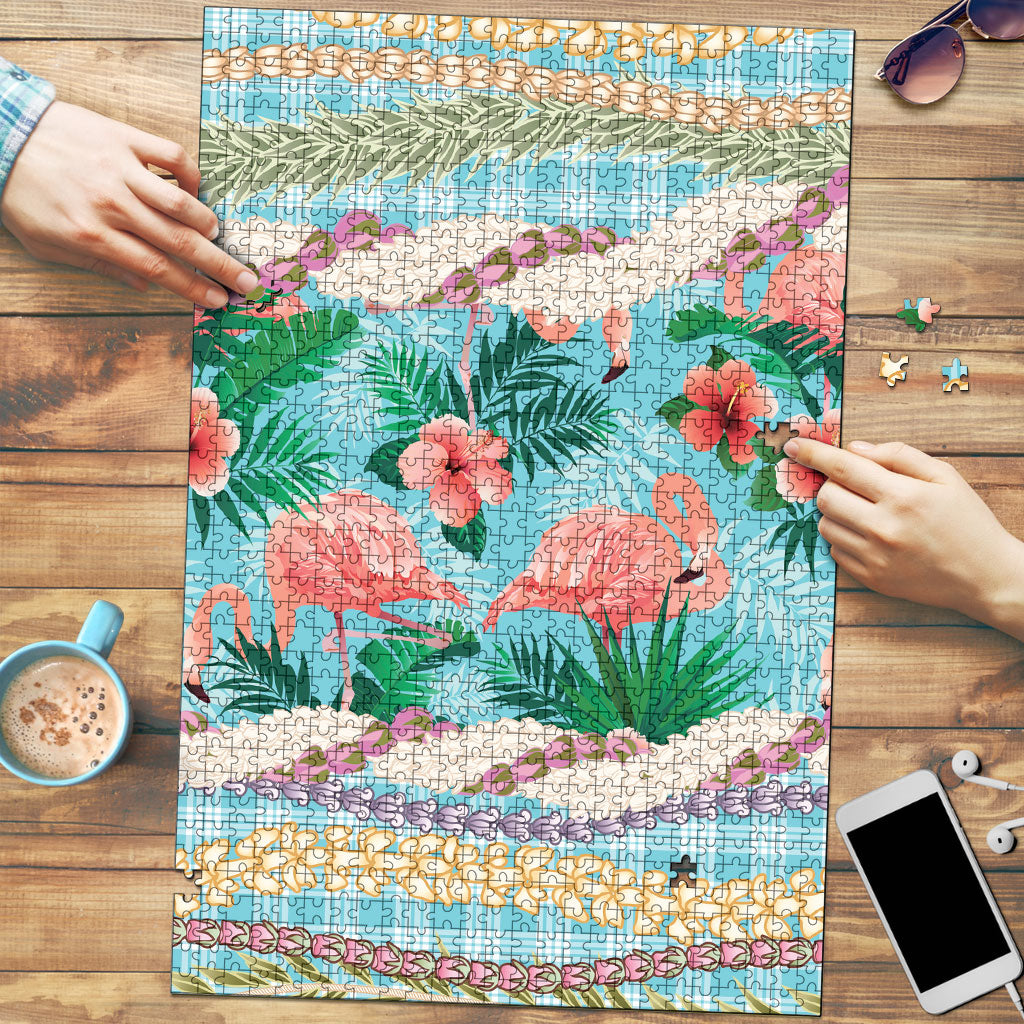 Flamingo Hawaii Summer Puzzle Hawaiian Lei Pakala Motifs Tropical Style LT14 Cyan - Polynesian Pride