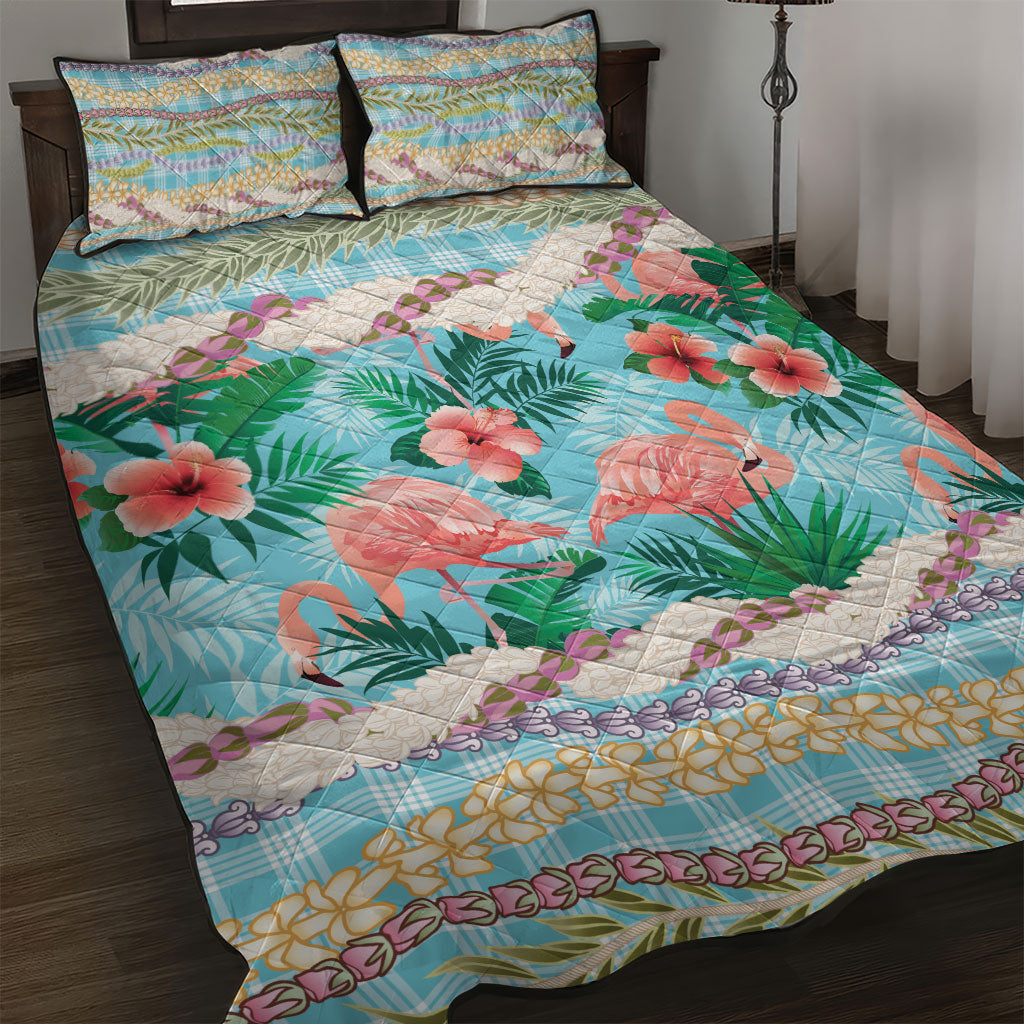 Flamingo Hawaii Summer Quilt Bed Set Hawaiian Lei Pakala Motifs Tropical Style