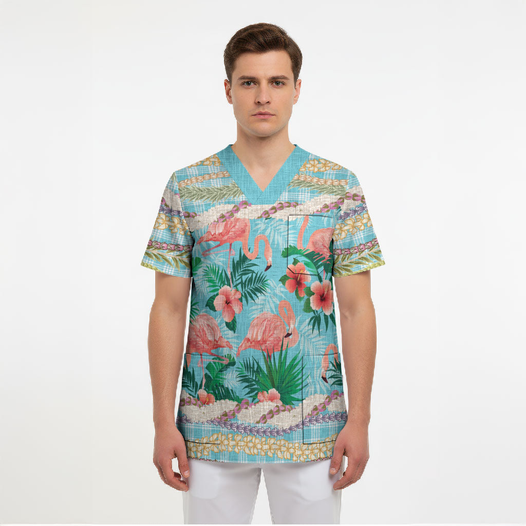 Flamingo Hawaii Summer Scrub Top Hawaiian Lei Pakala Motifs Tropical Style