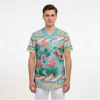 Flamingo Hawaii Summer Scrub Top Hawaiian Lei Pakala Motifs Tropical Style