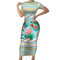 Flamingo Hawaii Summer Short Sleeve Bodycon Dress Hawaiian Lei Pakala Motifs Tropical Style