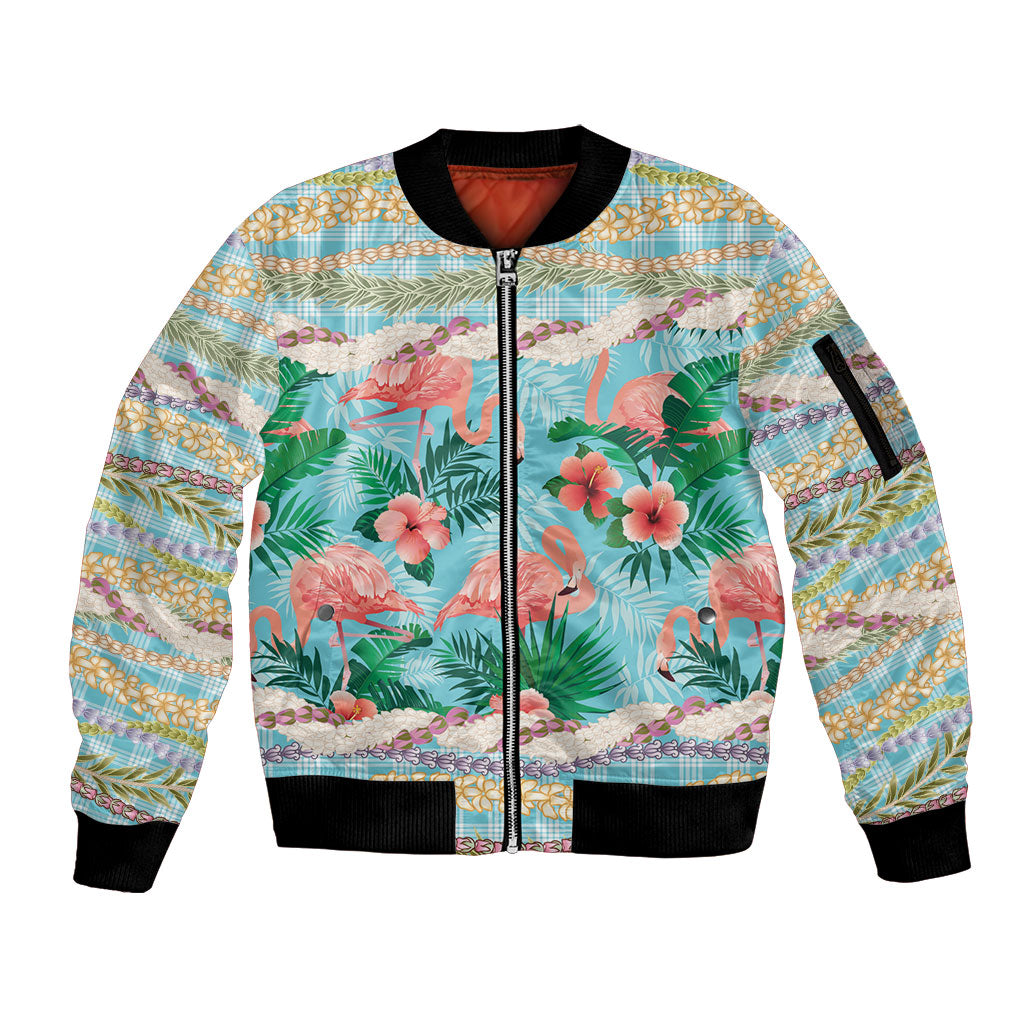 Flamingo Hawaii Summer Sleeve Zip Bomber Jacket Hawaiian Lei Pakala Motifs Tropical Style LT14 Unisex Cyan - Polynesian Pride