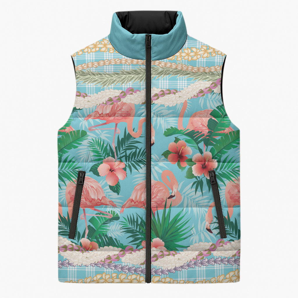 Flamingo Hawaii Summer Sleeveless Puffer Jacket Hawaiian Lei Pakala Motifs Tropical Style LT14 Unisex Cyan - Polynesian Pride