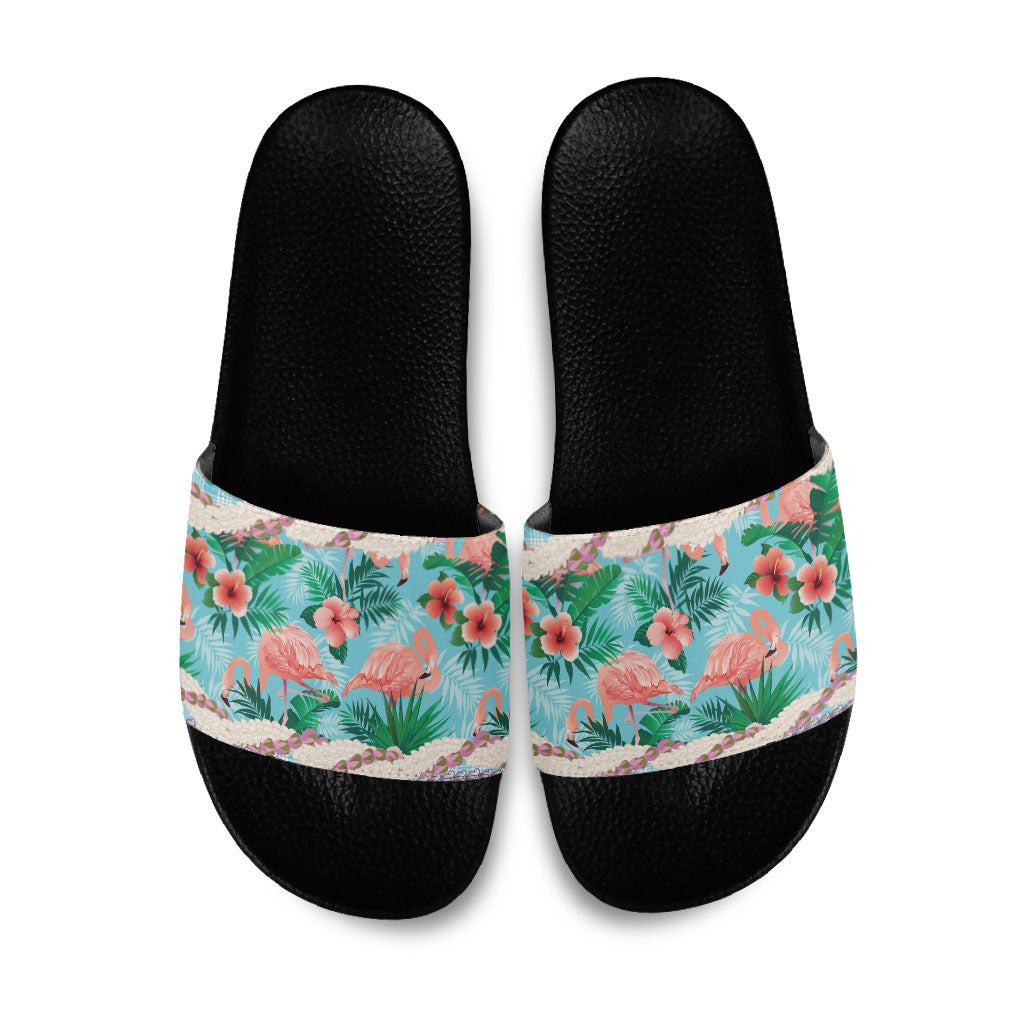 Flamingo Hawaii Summer Slide Sandals Hawaiian Lei Pakala Motifs Tropical Style