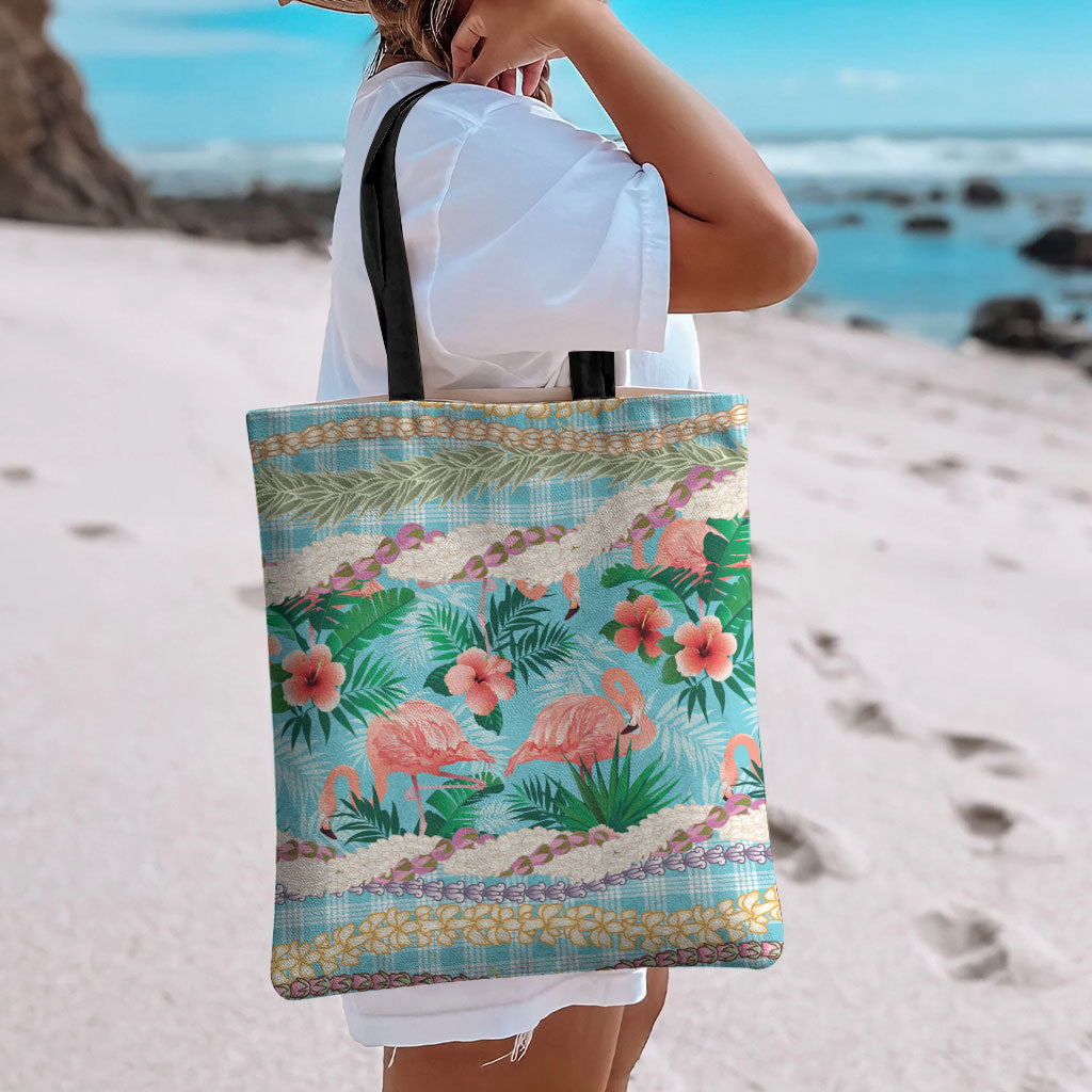 Flamingo Hawaii Summer Tote Bag Hawaiian Lei Pakala Motifs Tropical Style
